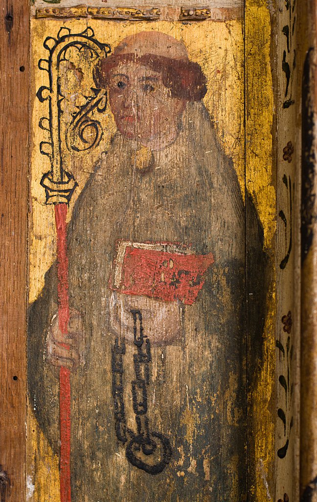 The rood screens and detail at St Andrew's Church, Westhall, Suffolk,UK. The screens are notable for their depiction of the Transfiguration of Christ, the only such surviving depiction in England.