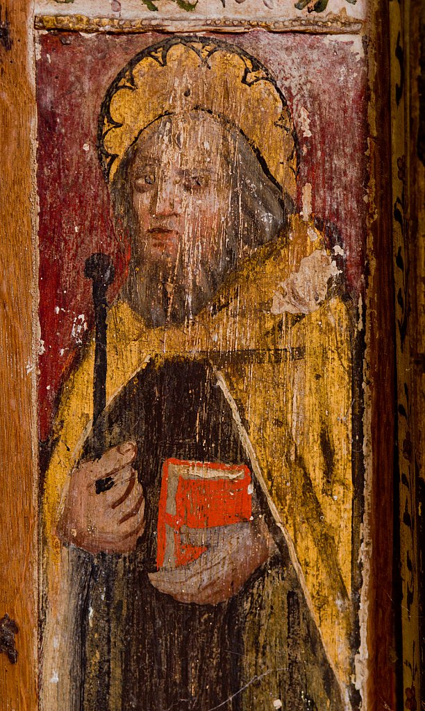 The rood screens and detail at St Andrew's Church, Westhall, Suffolk,UK. The screens are notable for their depiction of the Transfiguration of Christ, the only such surviving depiction in England.