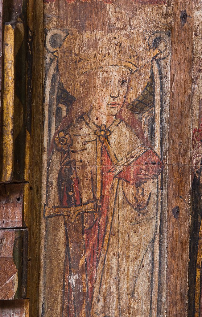 The rood screens and detail at St Andrew's Church, Westhall, Suffolk,UK. The screens are notable for their depiction of the Transfiguration of Christ, the only such surviving depiction in England.