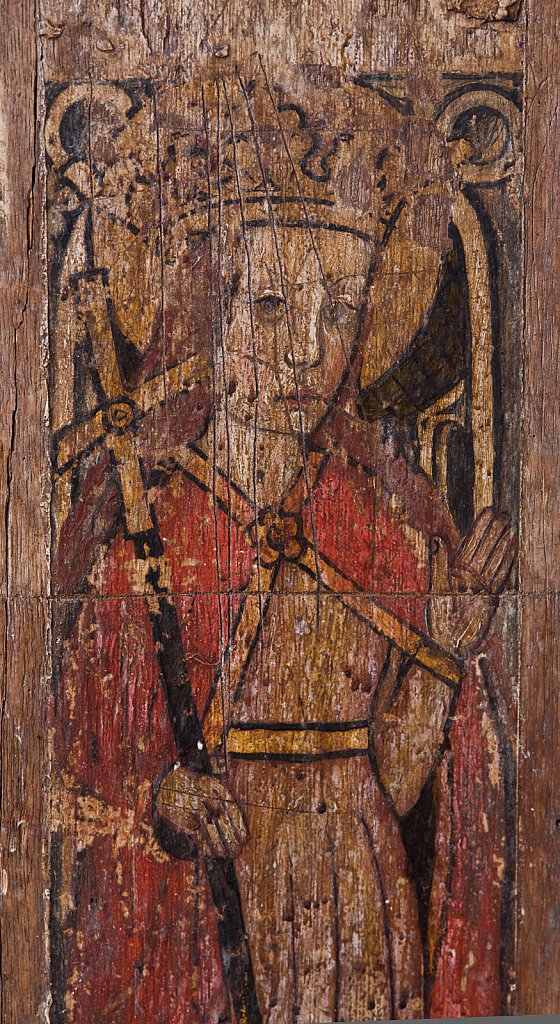 The rood screens and detail at St Andrew's Church, Westhall, Suffolk,UK. The screens are notable for their depiction of the Transfiguration of Christ, the only such surviving depiction in England.