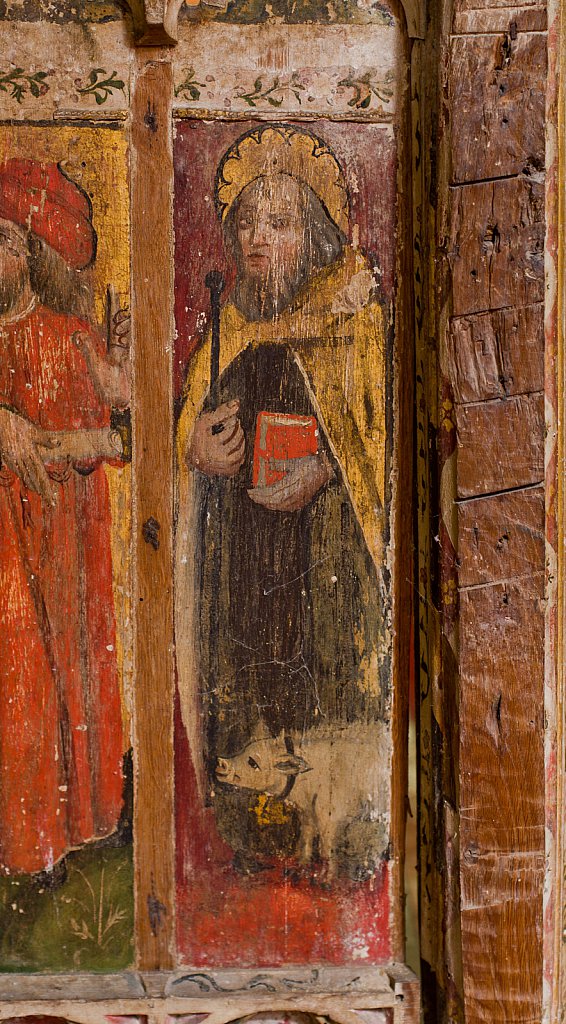 The rood screens and detail at St Andrew's Church, Westhall, Suffolk,UK. The screens are notable for their depiction of the Transfiguration of Christ, the only such surviving depiction in England.