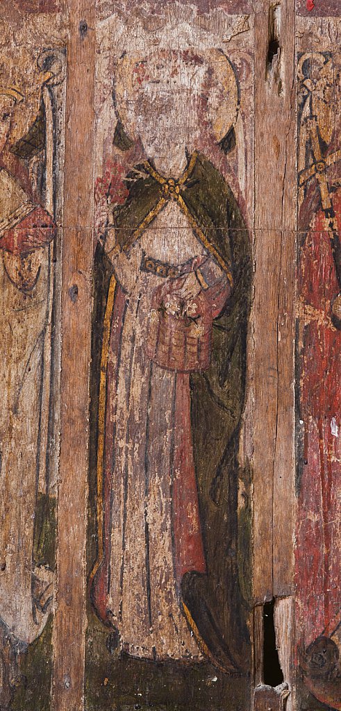 The rood screens and detail at St Andrew's Church, Westhall, Suffolk,UK. The screens are notable for their depiction of the Transfiguration of Christ, the only such surviving depiction in England.