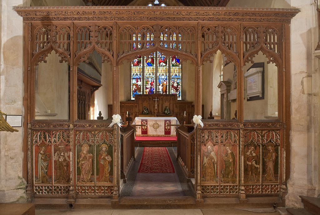  
The rood screen and detail at All Saints church, Filby, Norfolk, UK