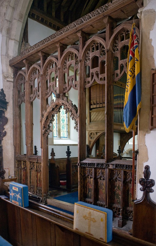 The Rood screen and detail at St Mary the Virgin, Yaxley, Suffolk,UK.